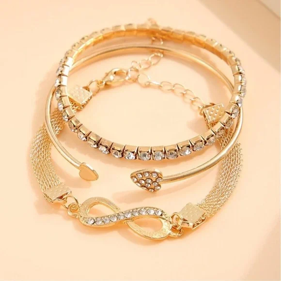 NWT Boho Rhinestone Stackable Gold Bracelet 3 Piece Set - Picture 2 of 4